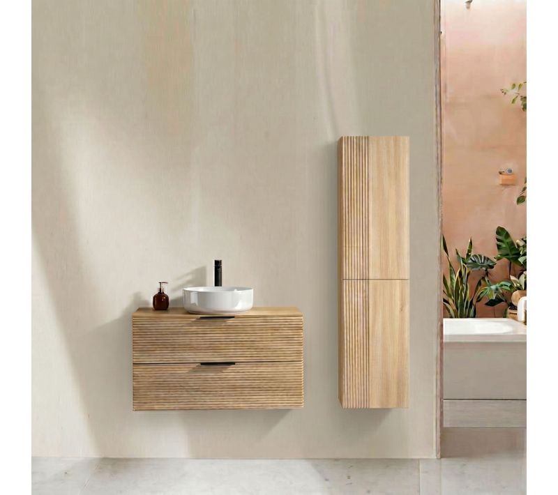Ensemble Salle De Bain 100 Cm Chêne Clair Vasque à Poser Blanc Brillant Aqualinea-jindoli