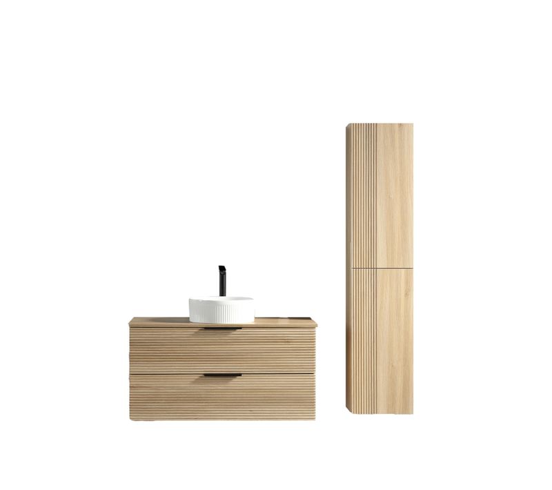 Ensemble Salle De Bain 100 Cm Chêne Clair Vasque à Poser Blanc Wave Aqualinea