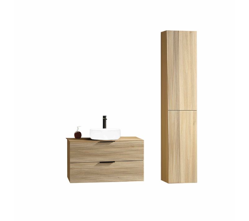 Ensemble Salle De Bain 100 Cm Chêne Clair Vasque à Poser Blanc Mat Aqualinea-jindoli