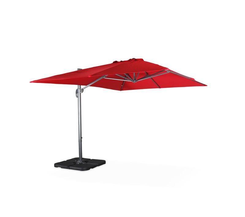 Parasol Déporté Rectangulaire Rouge 3x4m + Dalles à Lester 50x50cm