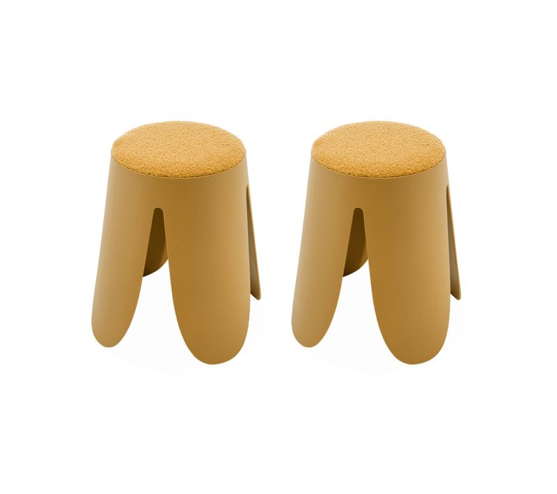Set De 2 Tabourets Empilables Moutardes. Bouclette Texturée. Niki. Ø30 / 44 X H46cm