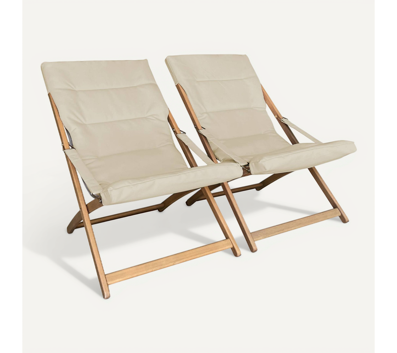 Lot De 2 Chiliennes Beige En Bois. Pliables. Assise Rembourrée