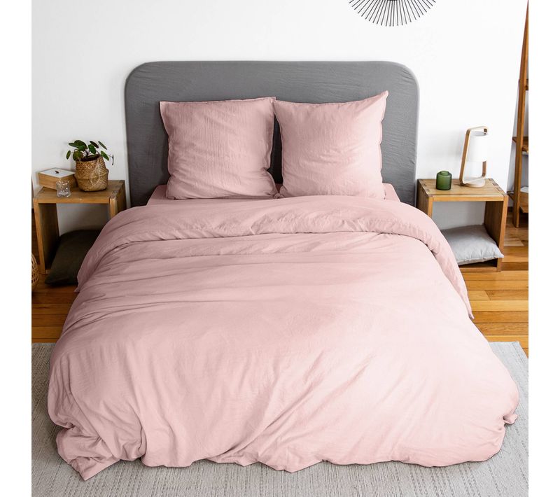Parure De Lit En Microfibre Lavée. Rose Poudré. 240 X 220cm Pour Lit 2 Places Avec 1 Housse De