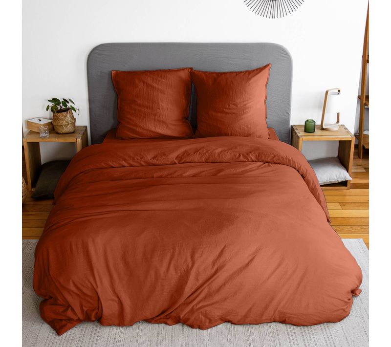 Parure De Lit En Microfibre Lavée. Terracotta. 240 X 220cm Pour Lit 2 Places Avec 1 Housse De