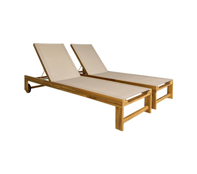 Lot De 2 Bains De Soleil En Bois D'acacia Et Textilène Beige. Multi Positions Avec Roulettes