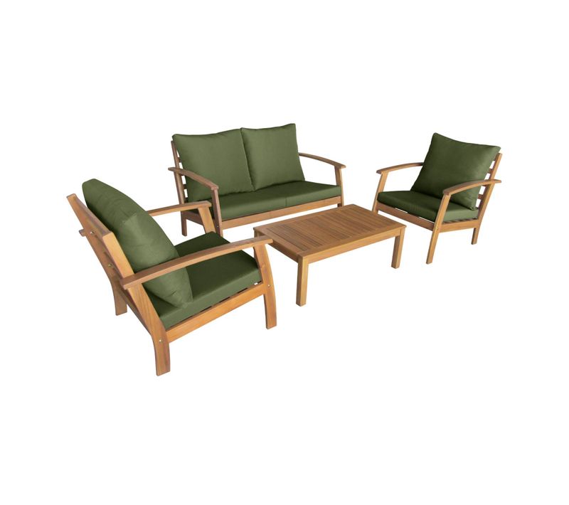 Salon De Jardin En Bois 4 Places Coussins Kaki. Canapé. Fauteuils Et Table Basse En Acacia. Design