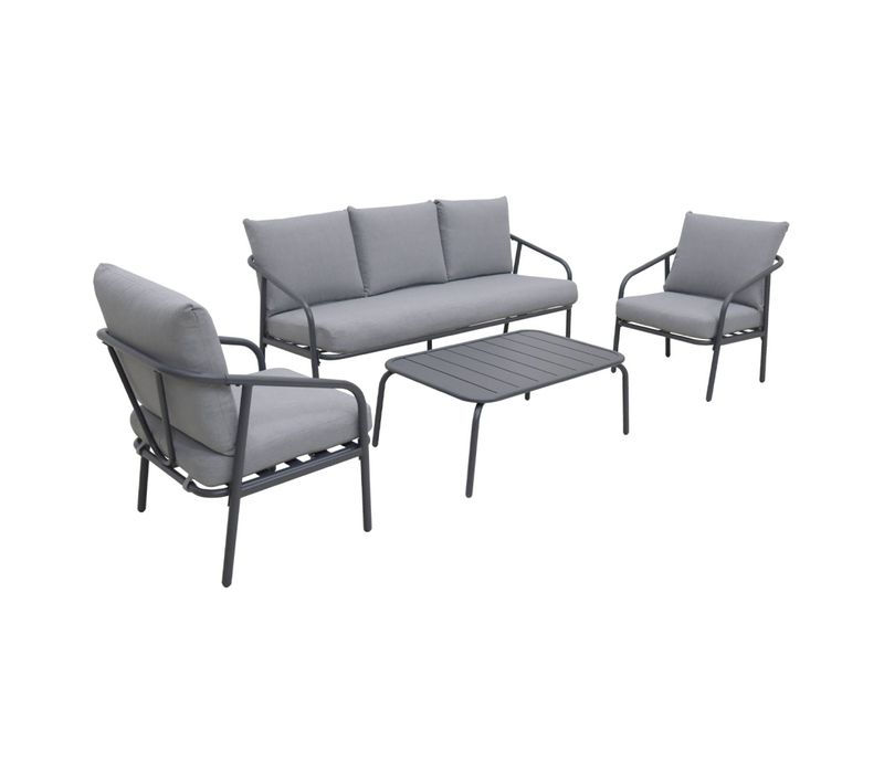 Salon De Jardin En Acier. Structure Anthracite. Coussins Gris. 5 Places