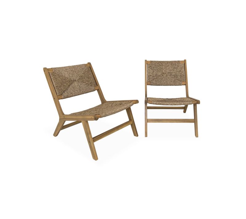 Lot De 2 Fauteuils Relax De Jardin En Bois Et Résine Effet Paille. Intérieur / Extérieur