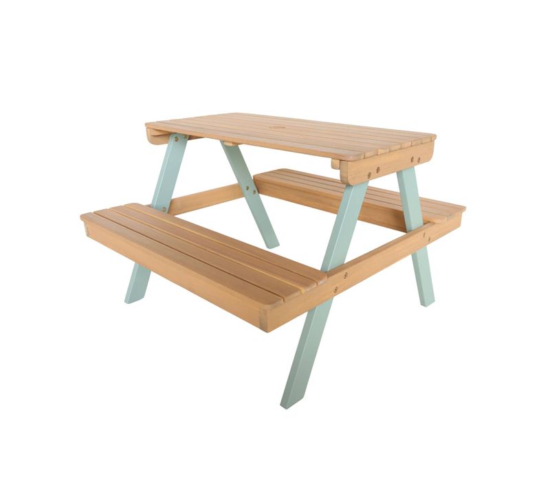 Table De Pique-nique. Salon De Jardin Enfant Bois D'acacia + 2 Places Couleur Teck Clair Et Vert De