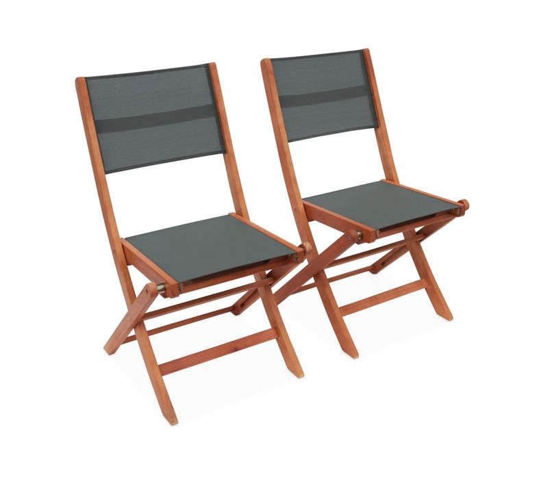 Chaises De Jardin En Bois Et Textilène - Almeria Kaki- 2 Chaises Pliantes En Bois D'eucalyptus