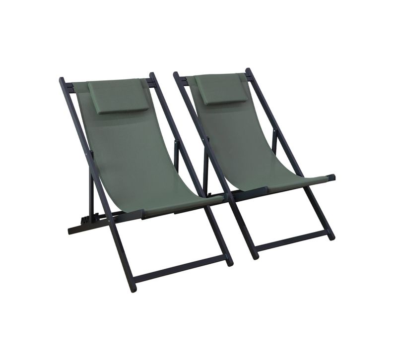 Lot De 2 Bains De Soleil Kaki - Transat En Aluminium Avec Coussin Repose Tête. Chilienne