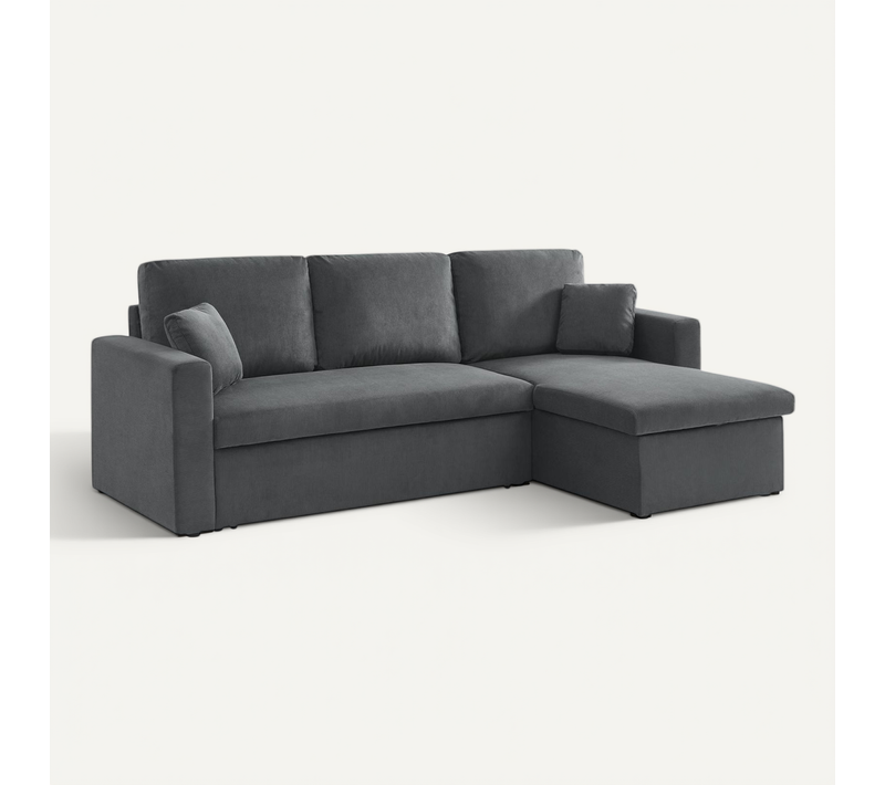 Canapé D'angle Convertible En Velours Côtelé Gris Foncé  - Ida - 3 Places. Fauteuil D'angle