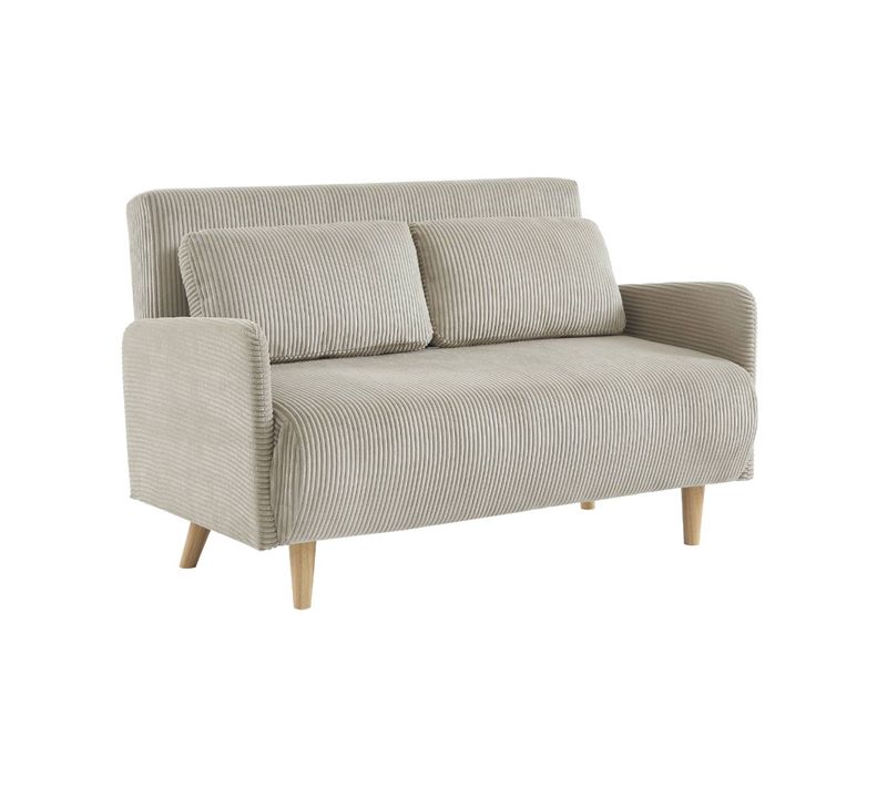 Canapé Convertible En Velours Côtelé - Panam - 2 Places Scandinave. Pieds Bois. Beige/greige.