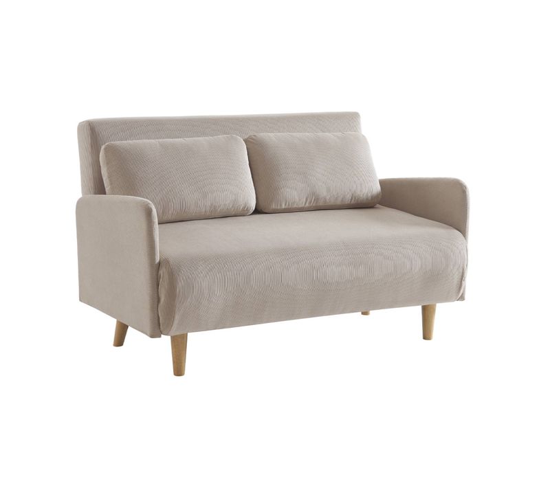 Canapé Convertible 2 Places Scandinave Velours Côtelé Beige - Panam - Pieds Bois. Banquette.