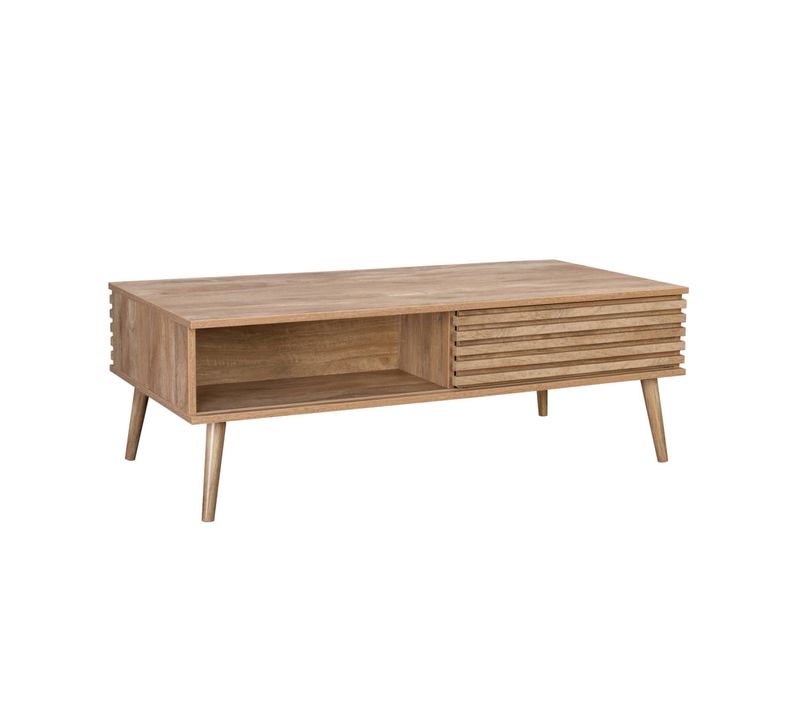 Table Basse Scandinave Avec Portes Coulissantes Décor Bois Rainuré Et Niches De Rangement