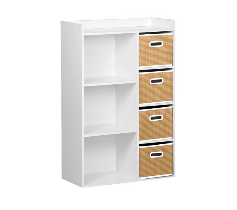 Meuble De Rangement Pour Enfant Avec 7 Compartiments Et 4 Paniers Fibre Naturelle
