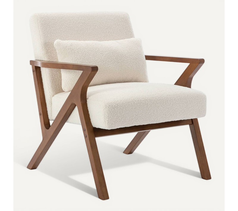 Fauteuil Scandinave Bois D'hévéa Finition Teinté Noyer Clair Et Bouclette Crème Antoine