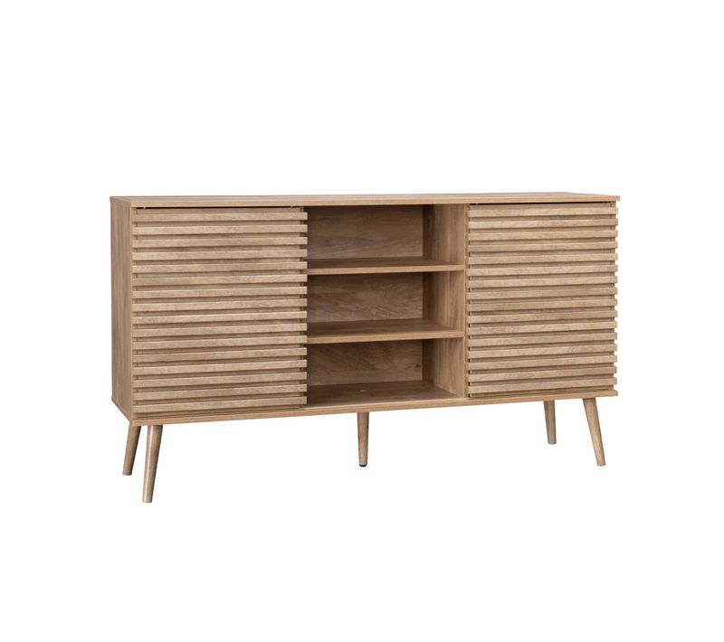 Buffet Scandinave Décor Bois Avec 2 Portes Coulissantes Rainurées Et 4 Étagères. Buffet Bas. L 140