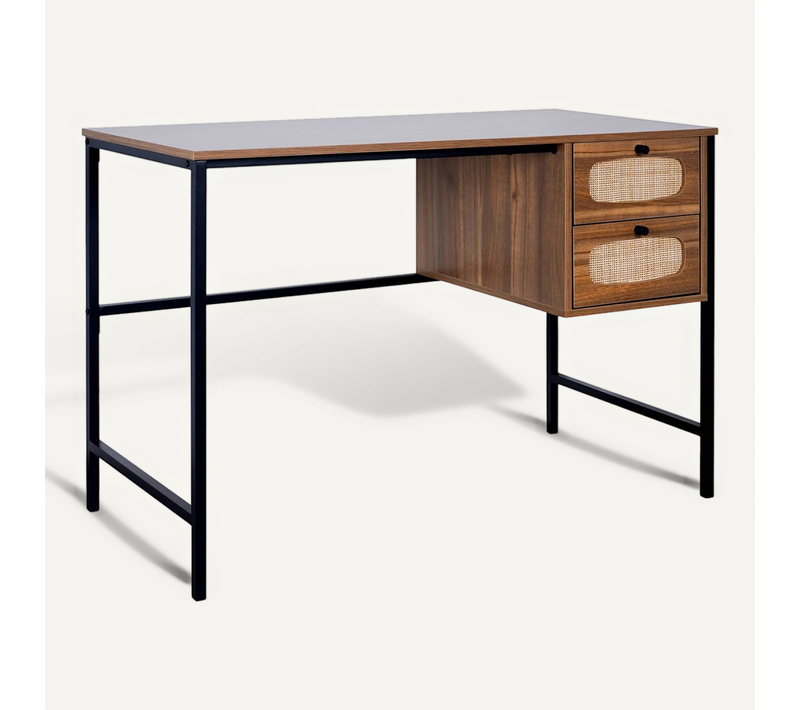 Bureau Rétro Décor Bois Et Cannage Avec Piètement Et Poignées En Métal Noir