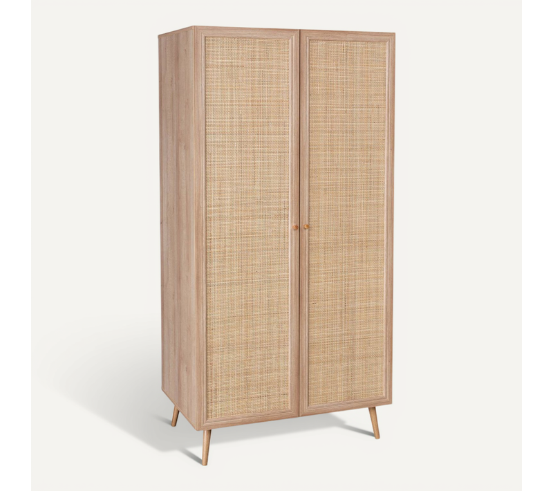 Armoire Cannage Et Décor Bois 2 Portes Avec étagère Et Tringle - Hauteur 179.5cm