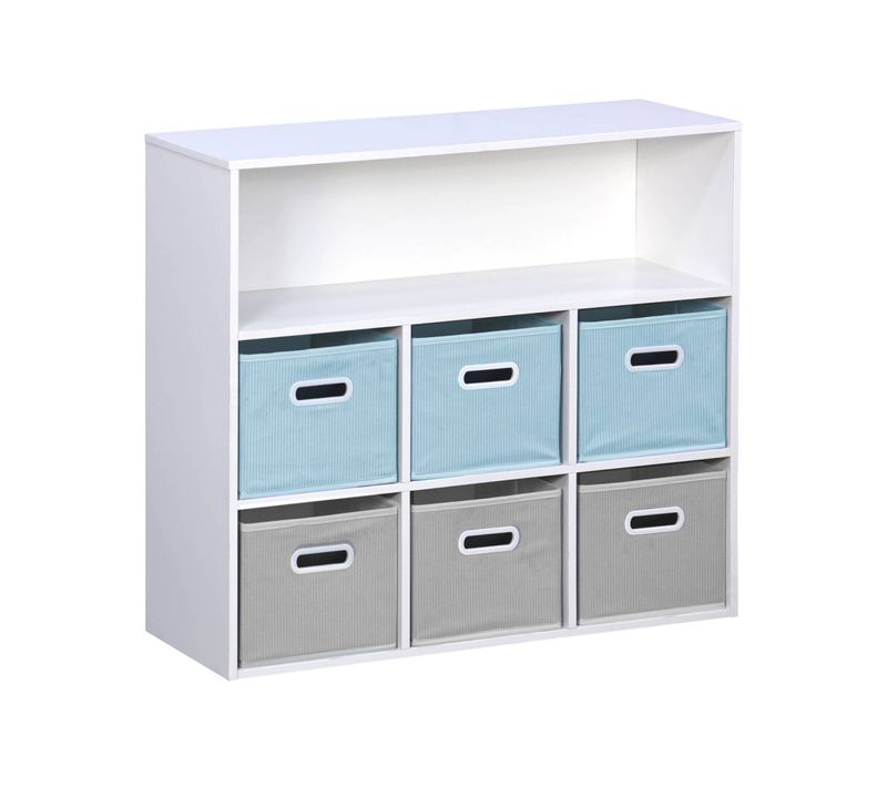 Meuble De Rangement Pour Enfant Avec 7 Compartiments Et 3 Paniers Bleus Et 3 Paniers Gris En