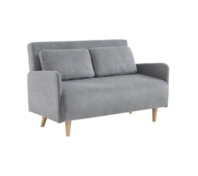 Canapé Convertible En Velours Côtelé - Panam - 2 Places Scandinave. Pieds Bois. Gris Clair.