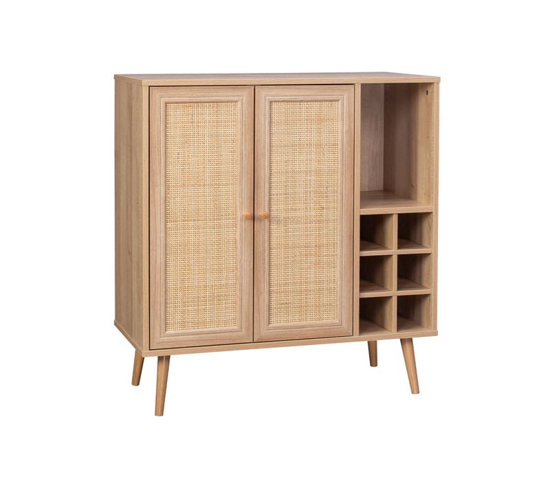 Buffet Range Bouteilles Portes En Cannage Et Décor Bois Avec Casiers. Buffet Haut. Vaisselier. 83cm