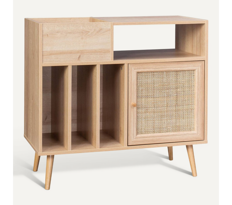 Meuble Vinyle Cannage Et Décor Bois Bohème 1 Porte Et 4 Casiers 83cm