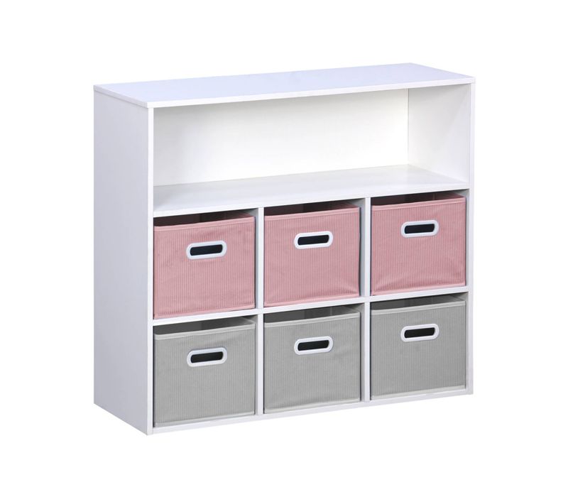 Meuble De Rangement Pour Enfant Avec 7 Compartiments Et 3 Paniers Roses Et 3 Paniers Gris