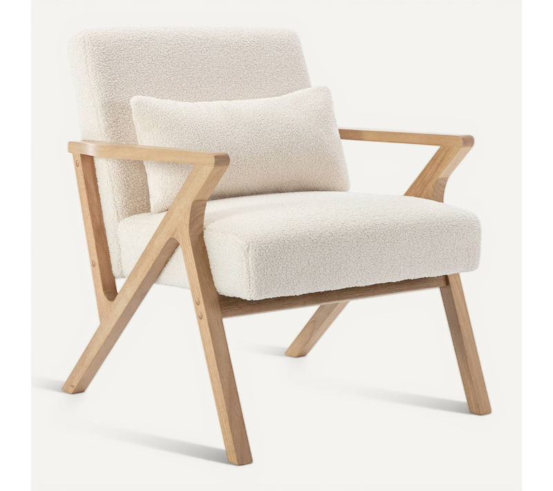 Fauteuil Scandinave Bois D'hévéa Et Bouclette Crème Antoine