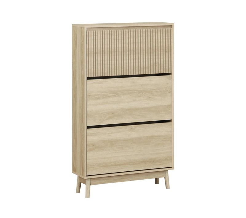 Meuble à Chaussures Scandinave Décor Bois Clair 3 Portes Abattantes Capacité 18 Paires De