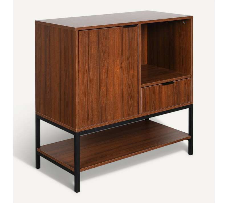 Buffet En Décor Noyer Et Pieds Et Poignées En Métal Noir L 80cm - 1 Porte. 1 Tiroir Et 2 étagères.