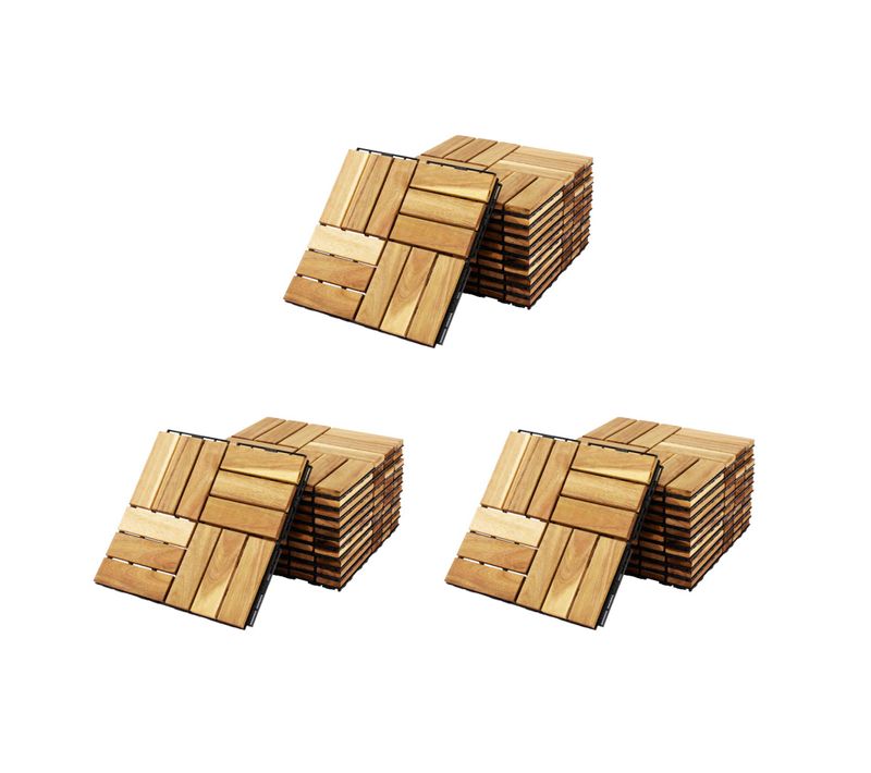 Lot De 36 Dalles De Terrasses 30x30cm En Bois D'acacia. Motif Carré. Clipsables
