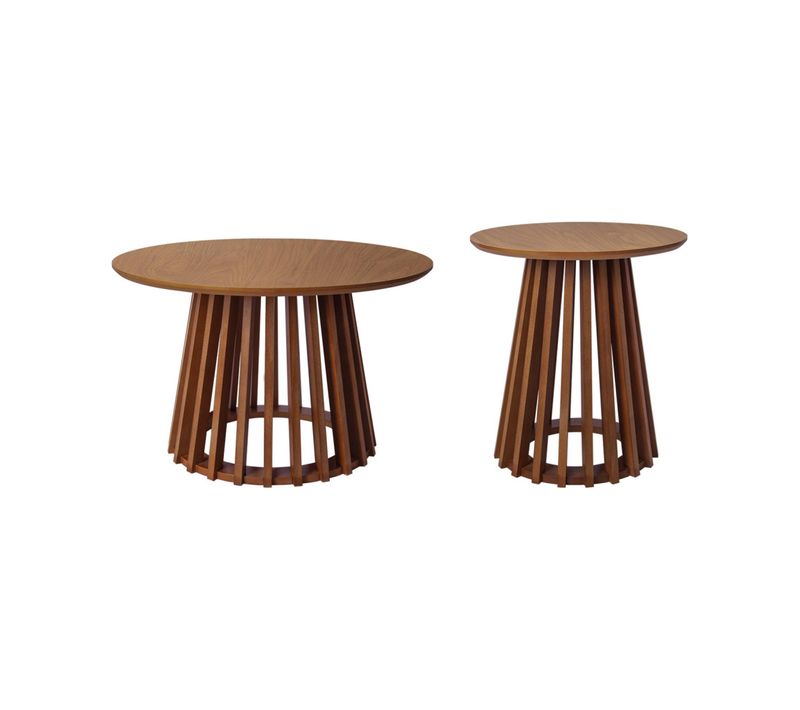 Set De 2 Tables Basses Rondes Plateau Effet Bois Noyer Et Pieds En Bois De Sapin. D.40cm Et D.60cm