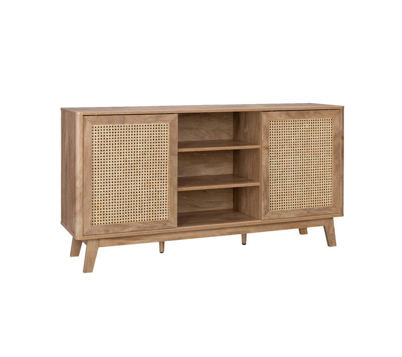 Buffet Avec 2 Portes Coulissantes Et Étagères. Décor Bois Et Détails Cannage. Buffet Bas. 150cm
