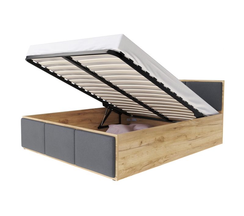 Lit Coffre Barcelona 160 X 200 Cm Avec Sommier à Lattes Relevable Chêne - Gris Fonce