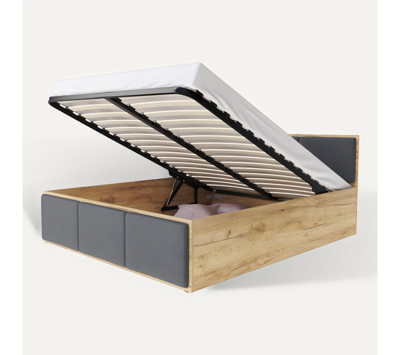Lit Coffre Barcelona 140 X 190 Cm Avec Sommier à Lattes Relevable Chêne - Gris Fonce