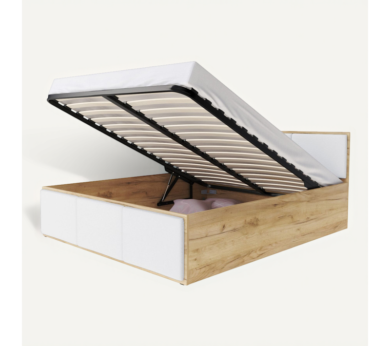 Lit Coffre Barcelona 140 X 190 Cm Avec Sommier à Lattes Relevable Chêne - Blanc