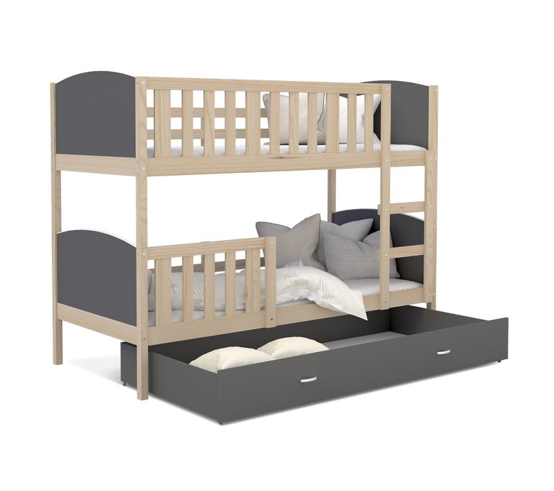 Lit  Superposé  Tedy 90x190 Cm - 2 Matelas , 2 Sommiers Et Tiroir Inclus Pin - Gris