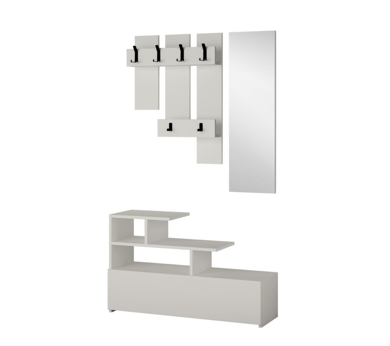 Mesty - Meuble D'entrée Blanc Avec Porte Manteau, Rangement Et Miroir