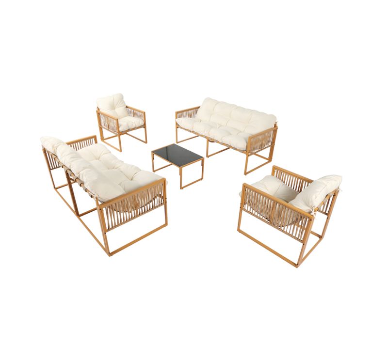 Turini - Salon De Jardin 8 Places Effet Rotin Coussins Blancs