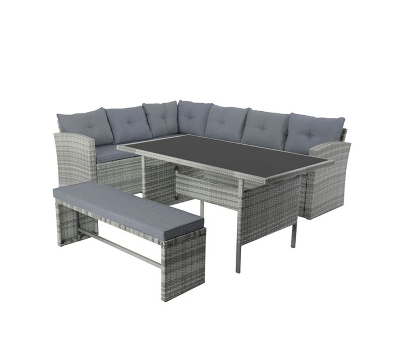 Moorea - Salon De Jardin 8 Places Avec Canapé D'angle En Résine Tressée Grise
