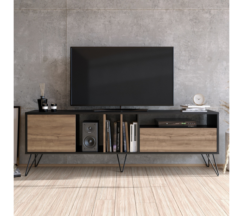 Baylee - Meuble TV Industriel Bois Et Noir Avec Rangement 180 Cm