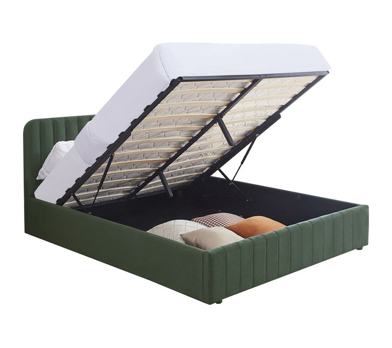Lit Coffre Adulte 140x190 Cm Avec Tête De Lit Capitonnée En Velours Vert Kaki - Ava