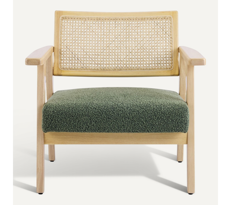 Fauteuil En Tissu Bouclé Vert Et Cannage Naturel - Tim