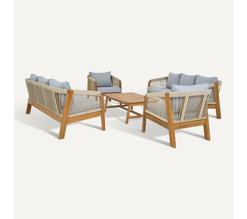 Salon De Jardin 8 Places En Bois Fsc - 2 Canapés 3 Pl, 2 Fauteuils, Table Basse - Gris Chiné - Symi