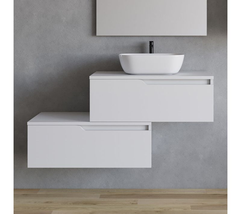 Meuble De Salle De Bain 120cm Avec Vasque à Poser Arrondie - Sans Miroir - 2 Tiroirs - Blanc - Cadix