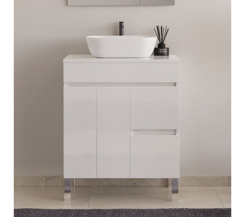 Meuble De Salle De Bain 70cm Sur Pieds Avec Plateau Et Cuve - Sans Miroir - Blanc - Haro