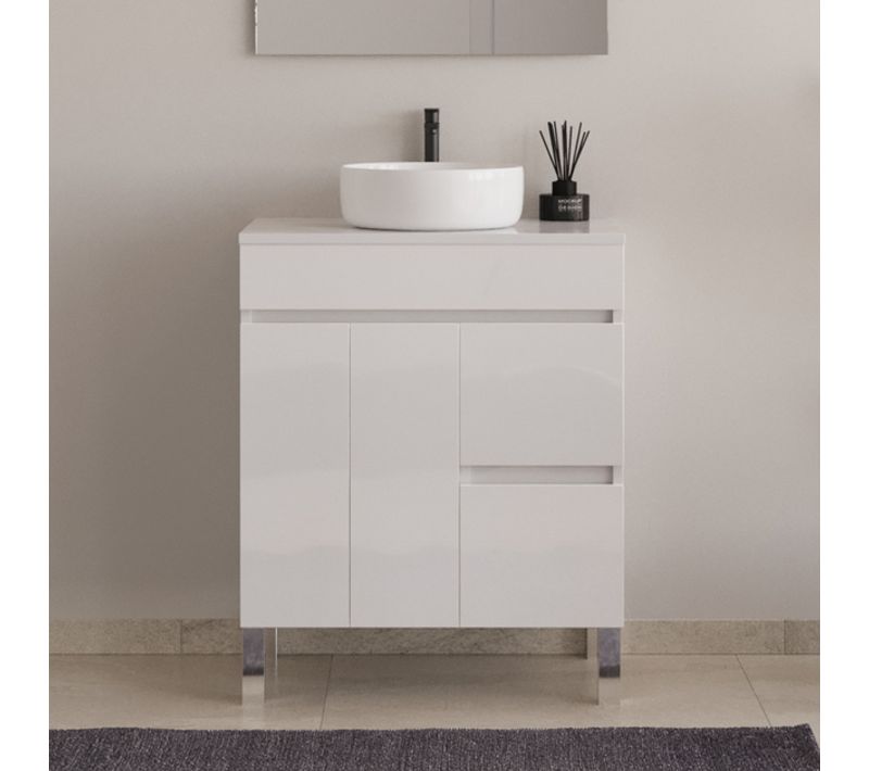 Meuble De Salle De Bain 80cm Sur Pieds Avec Plateau Et Cuve - Sans Miroir - Blanc - Haro