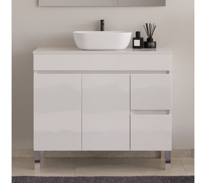 Meuble De Salle De Bain 100cm Sur Pieds Avec Plateau Et Cuve - Sans Miroir - Blanc - Haro